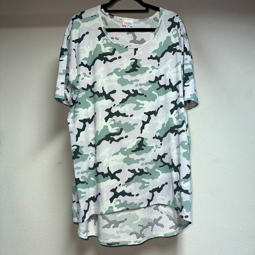 LuLaRoe Irma Tunic Top Camo Purple Green Black XL Camouflage High Low Hem